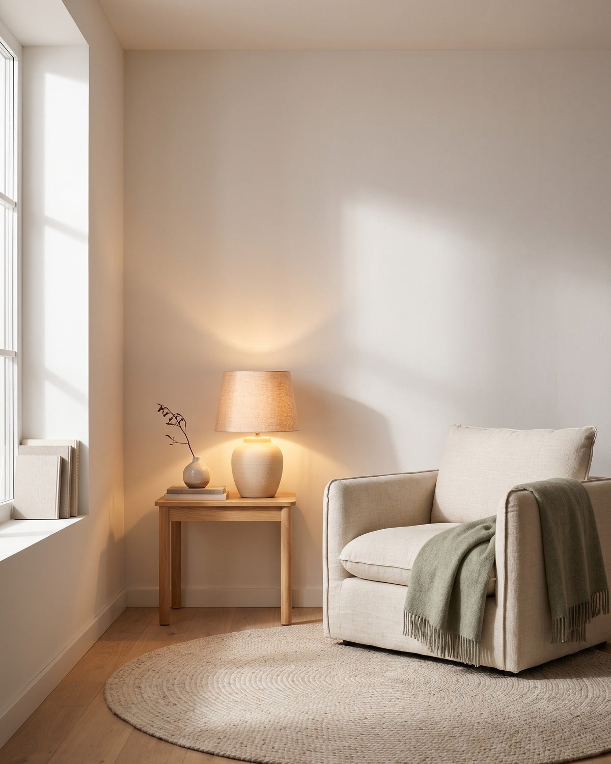 Warm ceramic table lamp glowing beside a cream armchair