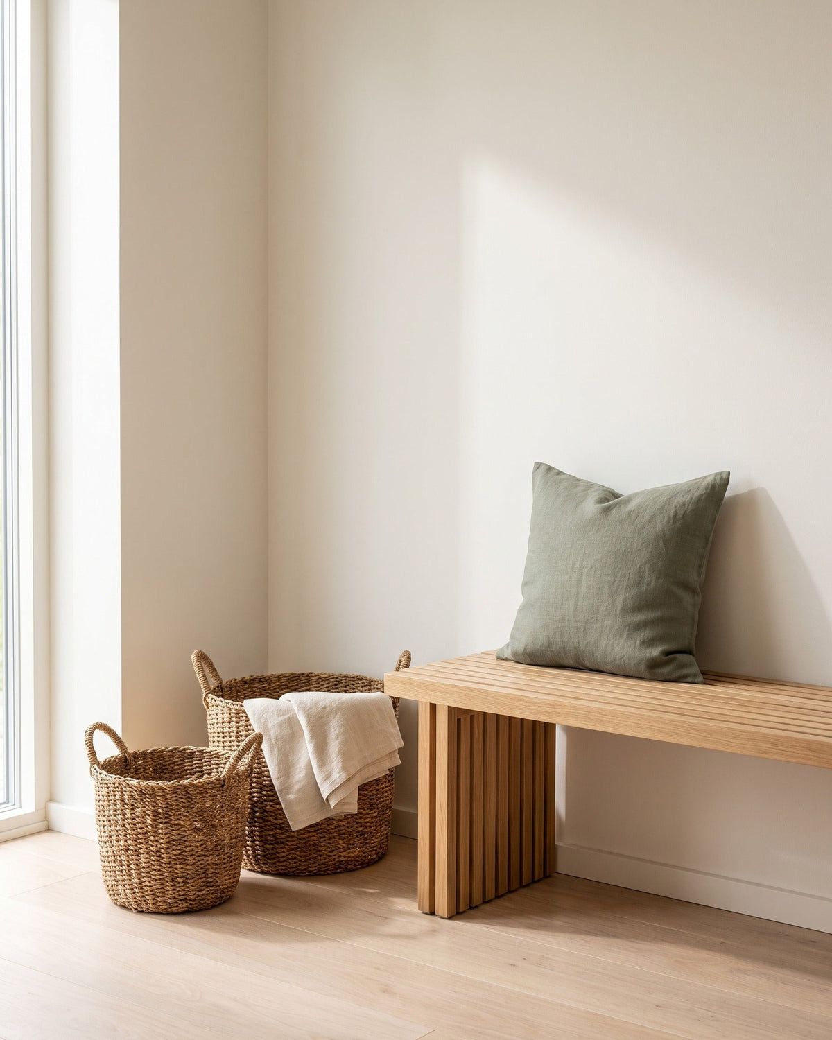 Woven seagrass baskets beside a slatted oak bench