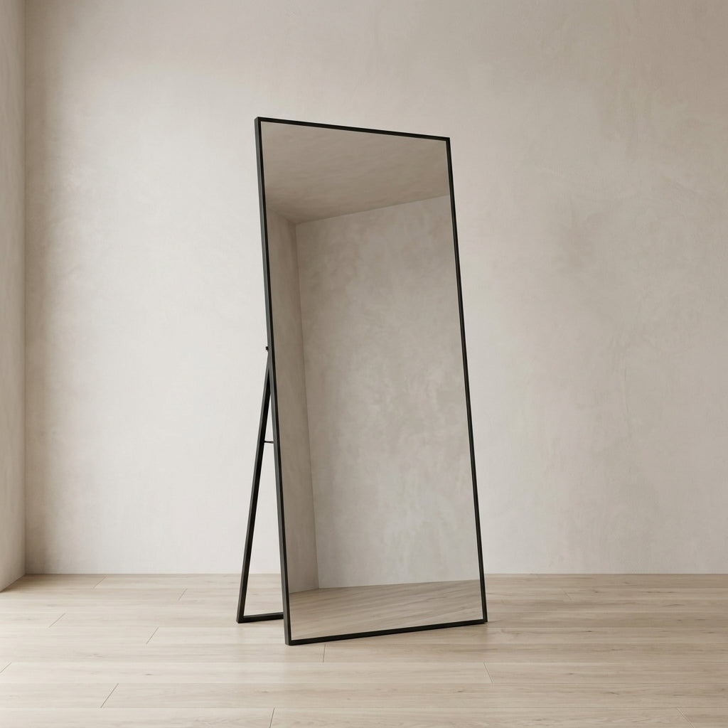 Sloane full length mirror, rectangle shape with a slim black frame, standing on its fold-out stand against a plain plaster wall