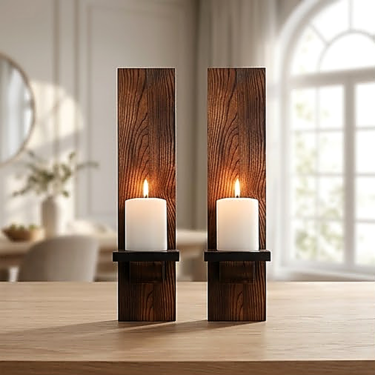 The two walnut finish sconces standing together in daylight, showing the wood grain and the candle shelf