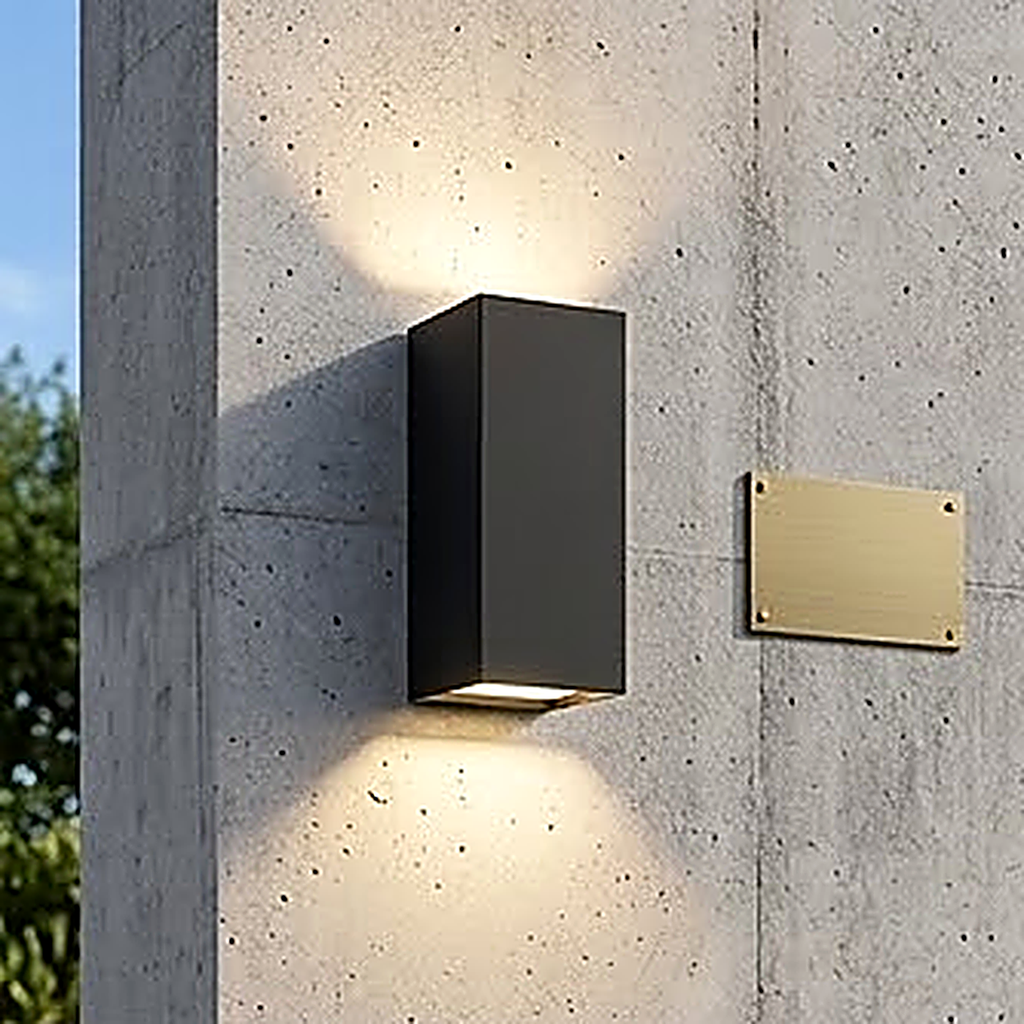 Body 1, the rectangle, 6.8 x 8 x 15 cm and outdoor rated, lit on a concrete wall throwing light up and down