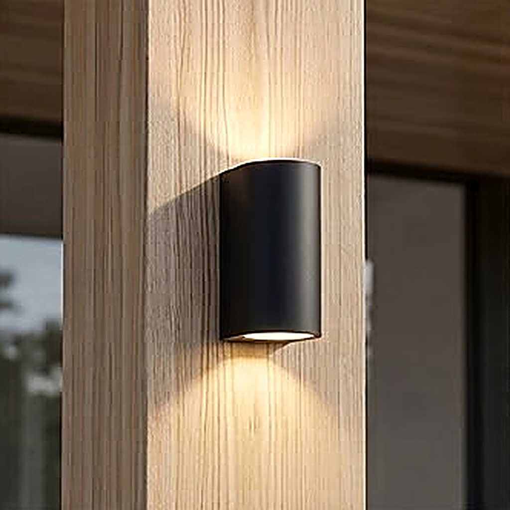 Body 2, the curved face, 8 x 6.8 x 15 cm and outdoor rated, on vertical timber cladding at dusk