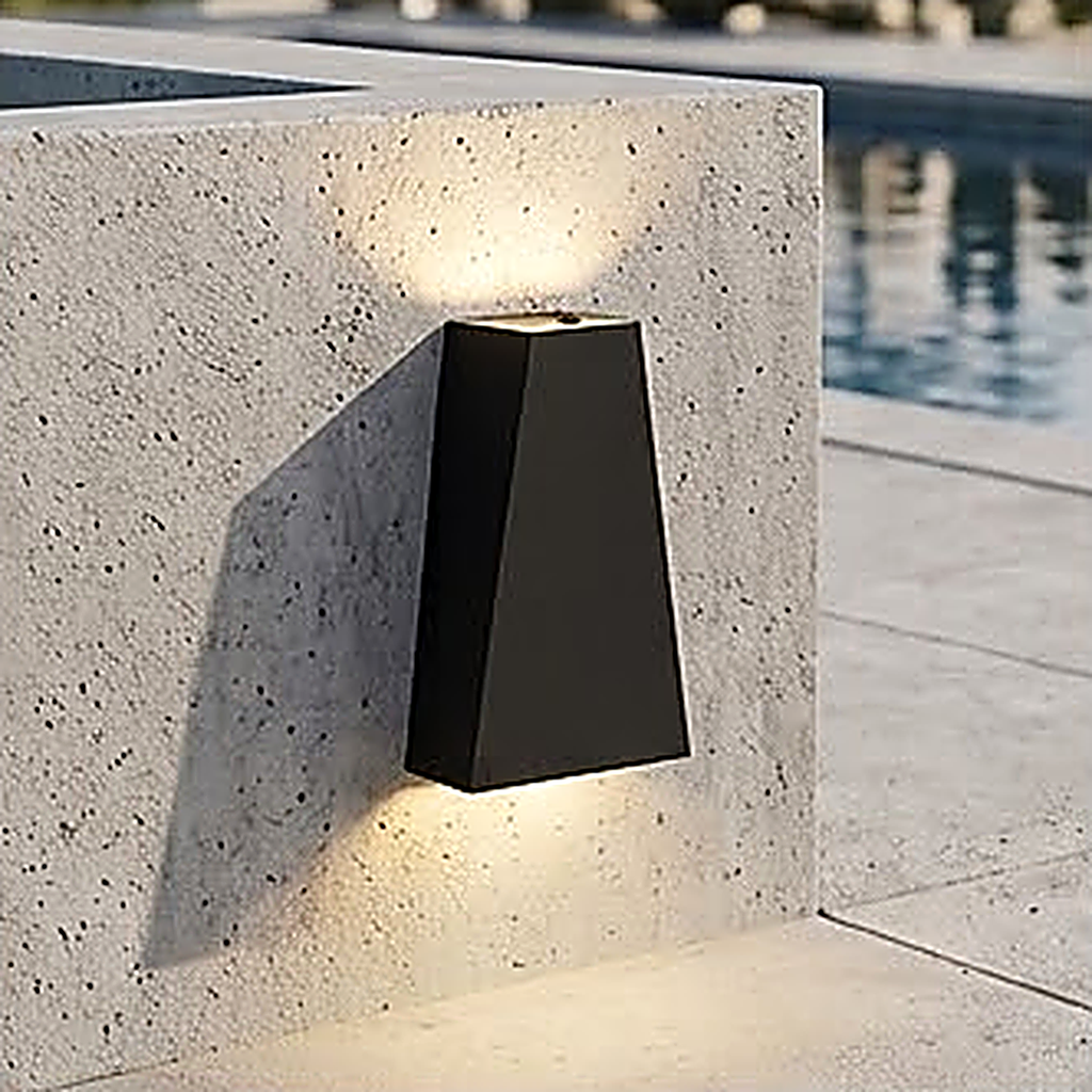 Body 5, the tapered wedge, 10 x 10 x 22 cm and indoor only, shown on a concrete wall beside a pool