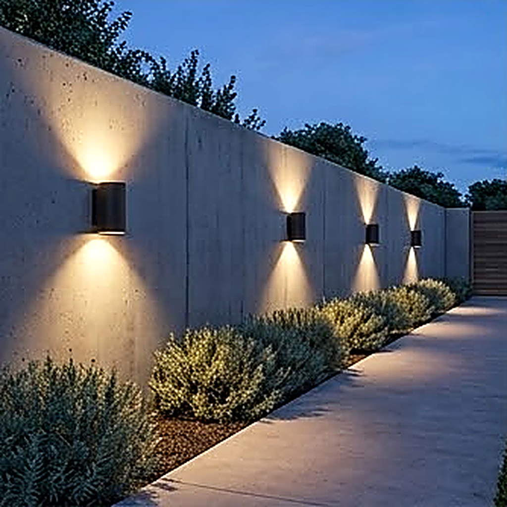 A run of the sconces along a garden wall at dusk, each throwing a cone of warm light up and down