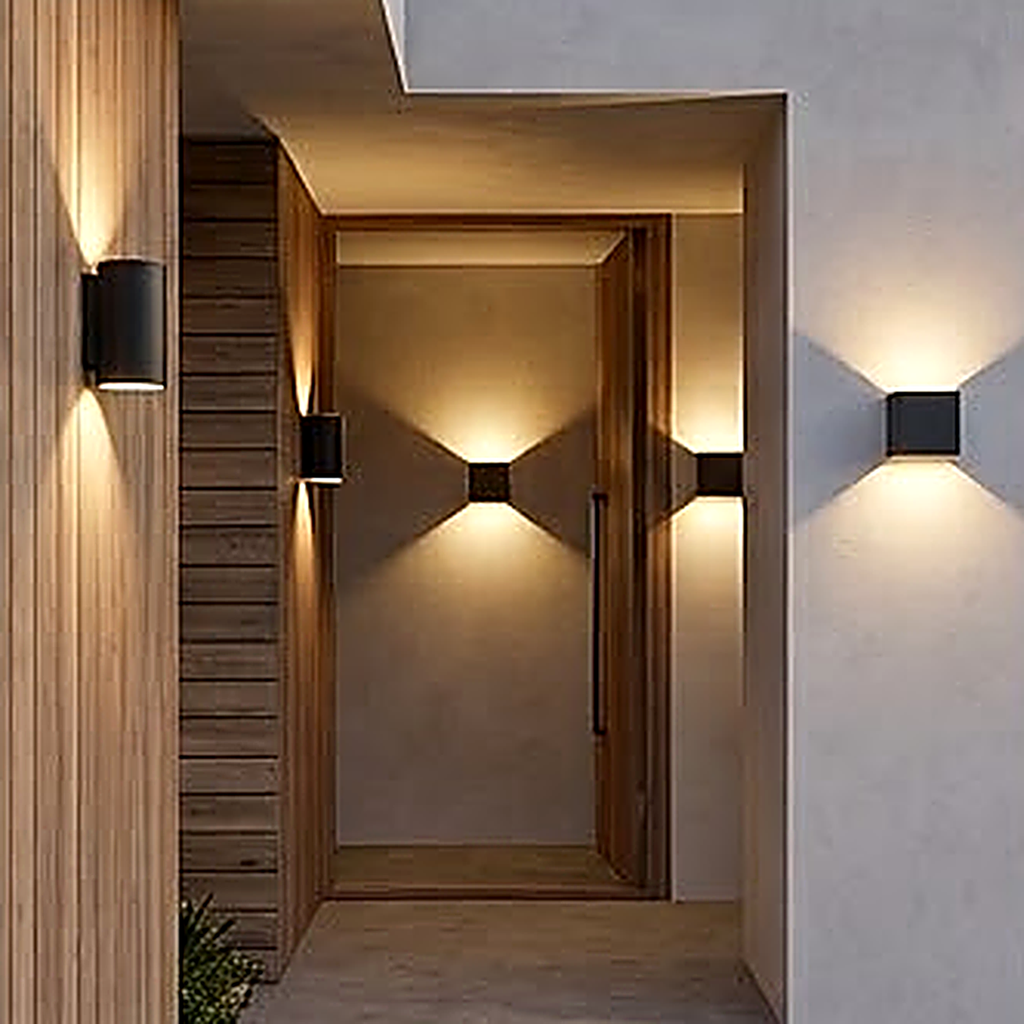 Several sconces flanking a timber entrance, lighting the wall rather than the doorway