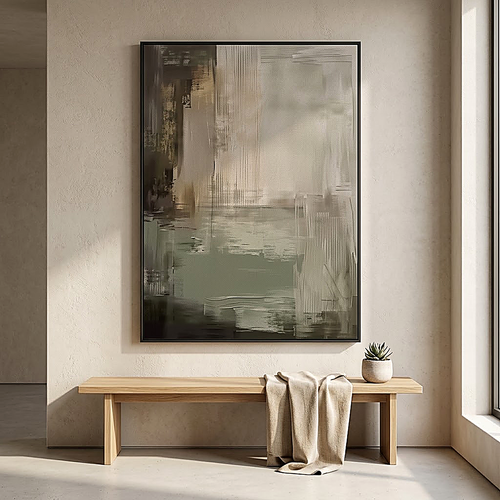 Sage design. Muted green, charcoal and sand brushwork on canvas, hung above an oak bench. Shown framed, sold unframed