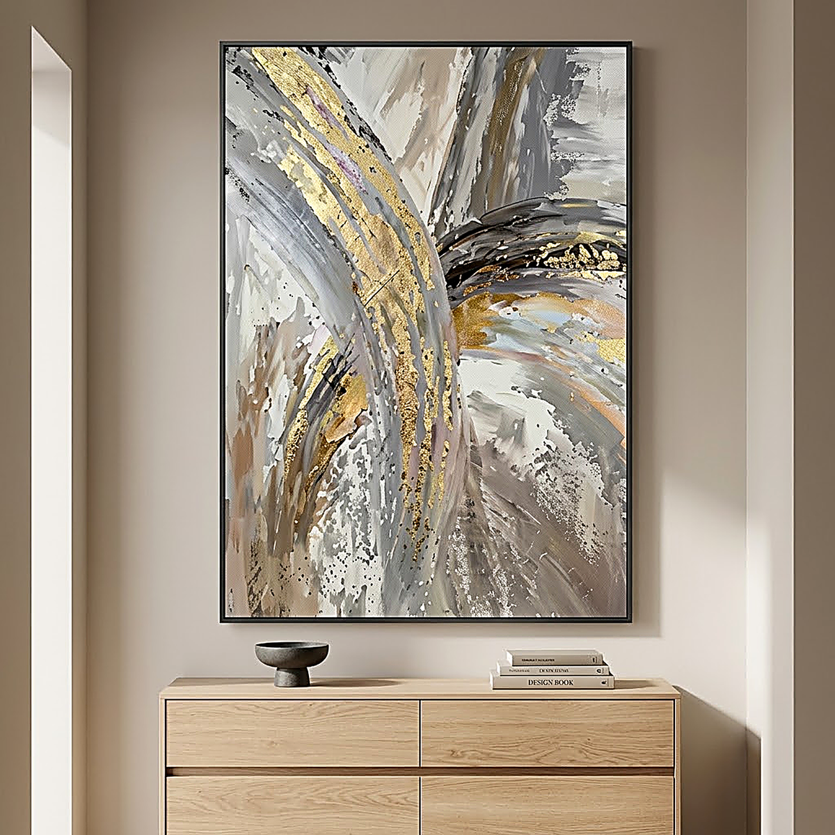 Gilded Arc design. Sweeping grey, sand and gold arcs on canvas, hung above an oak sideboard. Shown framed, sold unframed