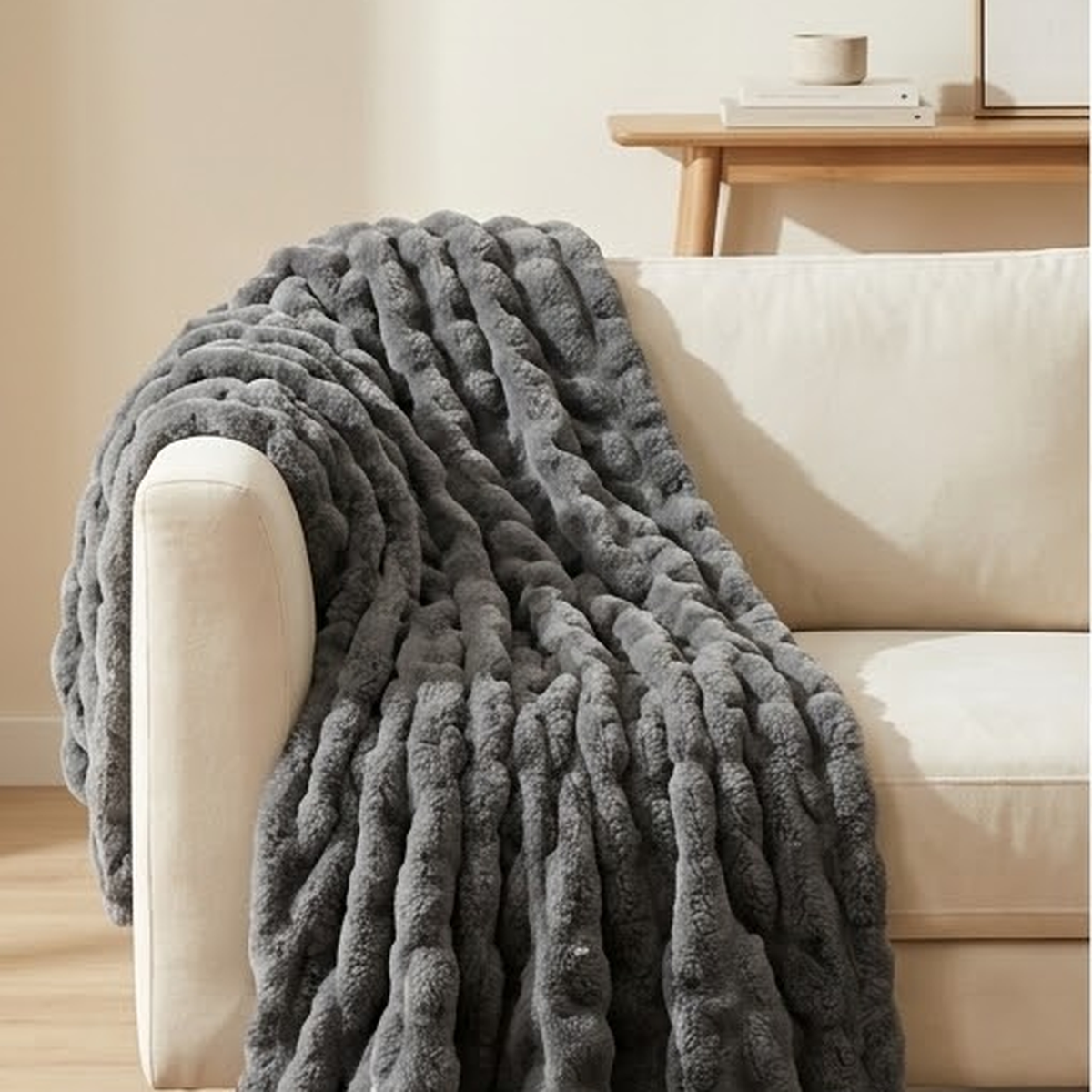 Charcoal grey ruched faux fur throw draped over the arm of a cream sofa onto a jute rug