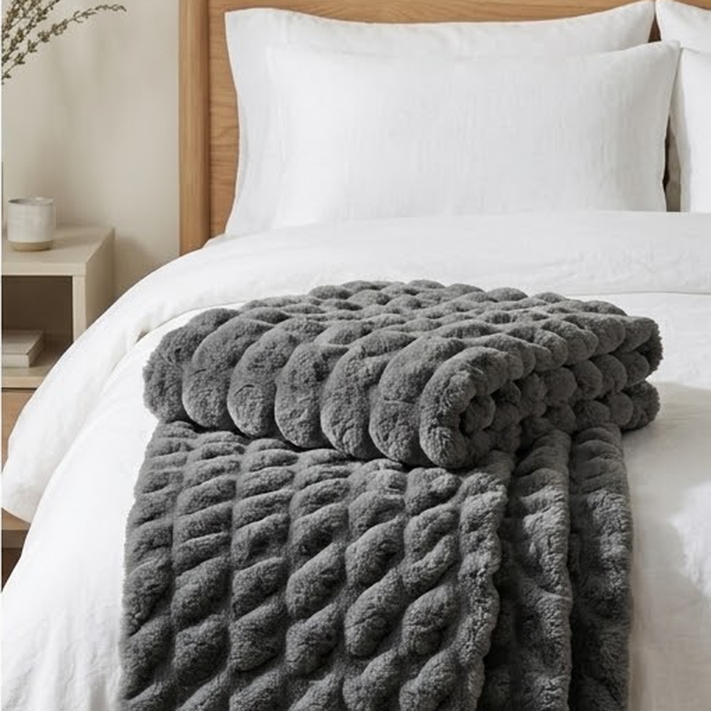 The grey throw folded across the foot of a bed with white linen bedding, showing its thickness