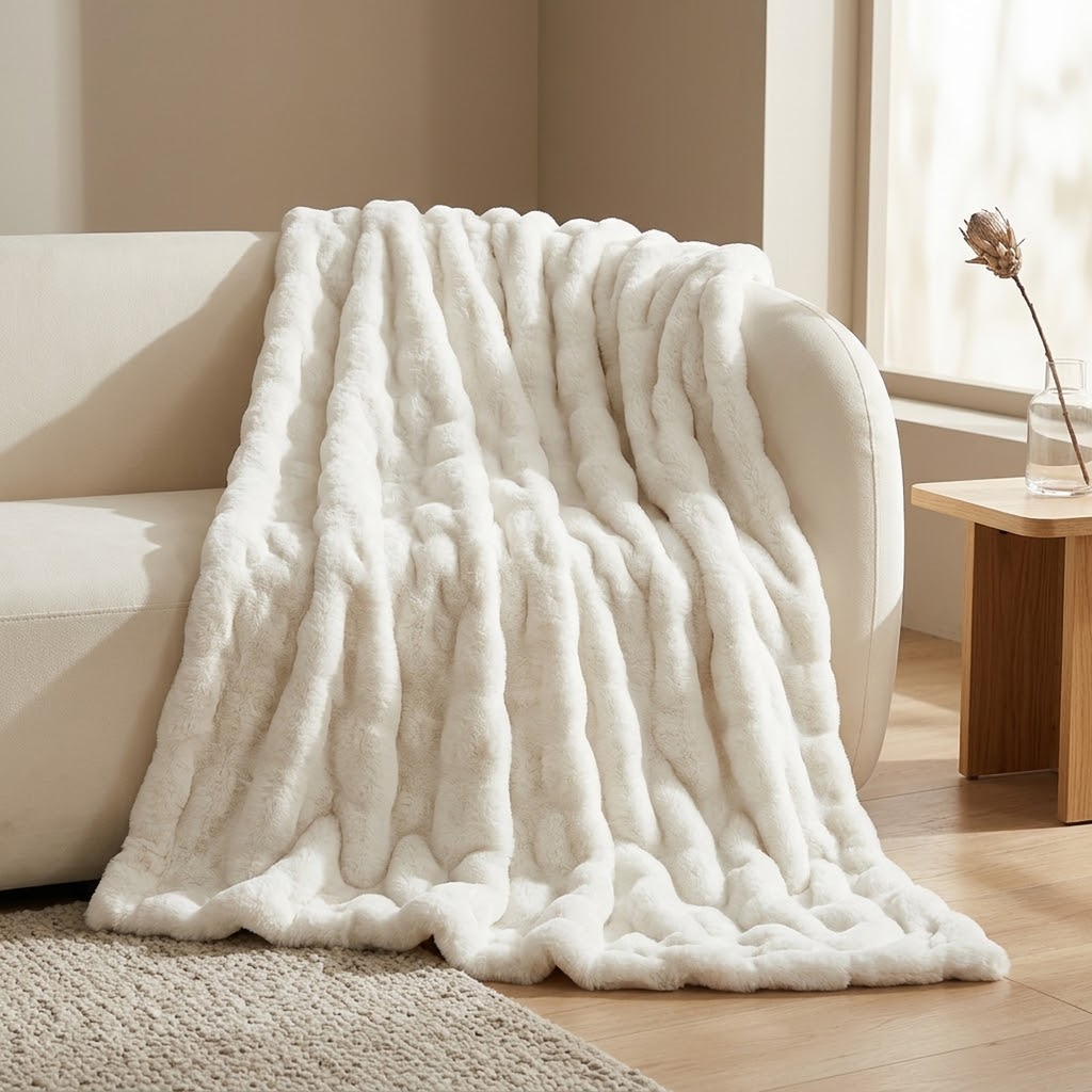 Ivory ruched faux fur throw draped over a pale sofa beside a window