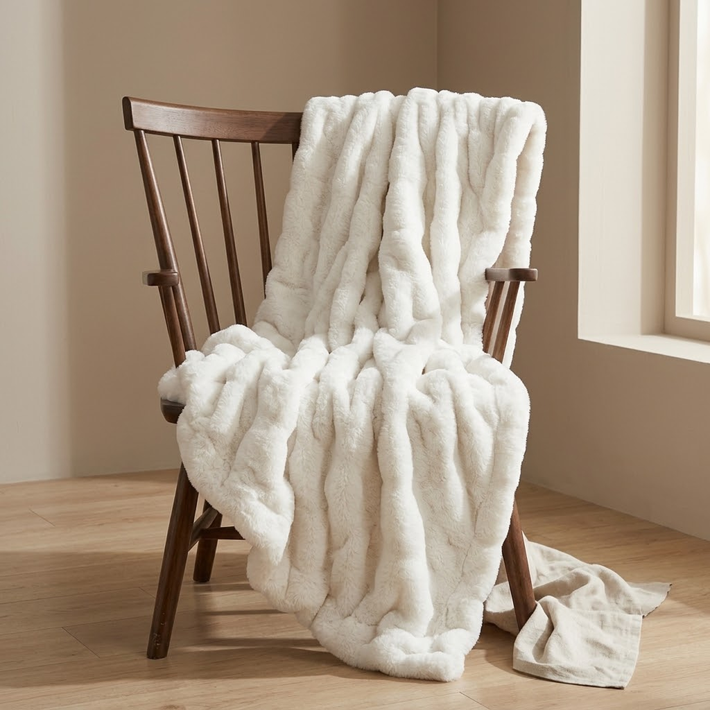 The ivory throw over the back of a dark walnut spindle chair