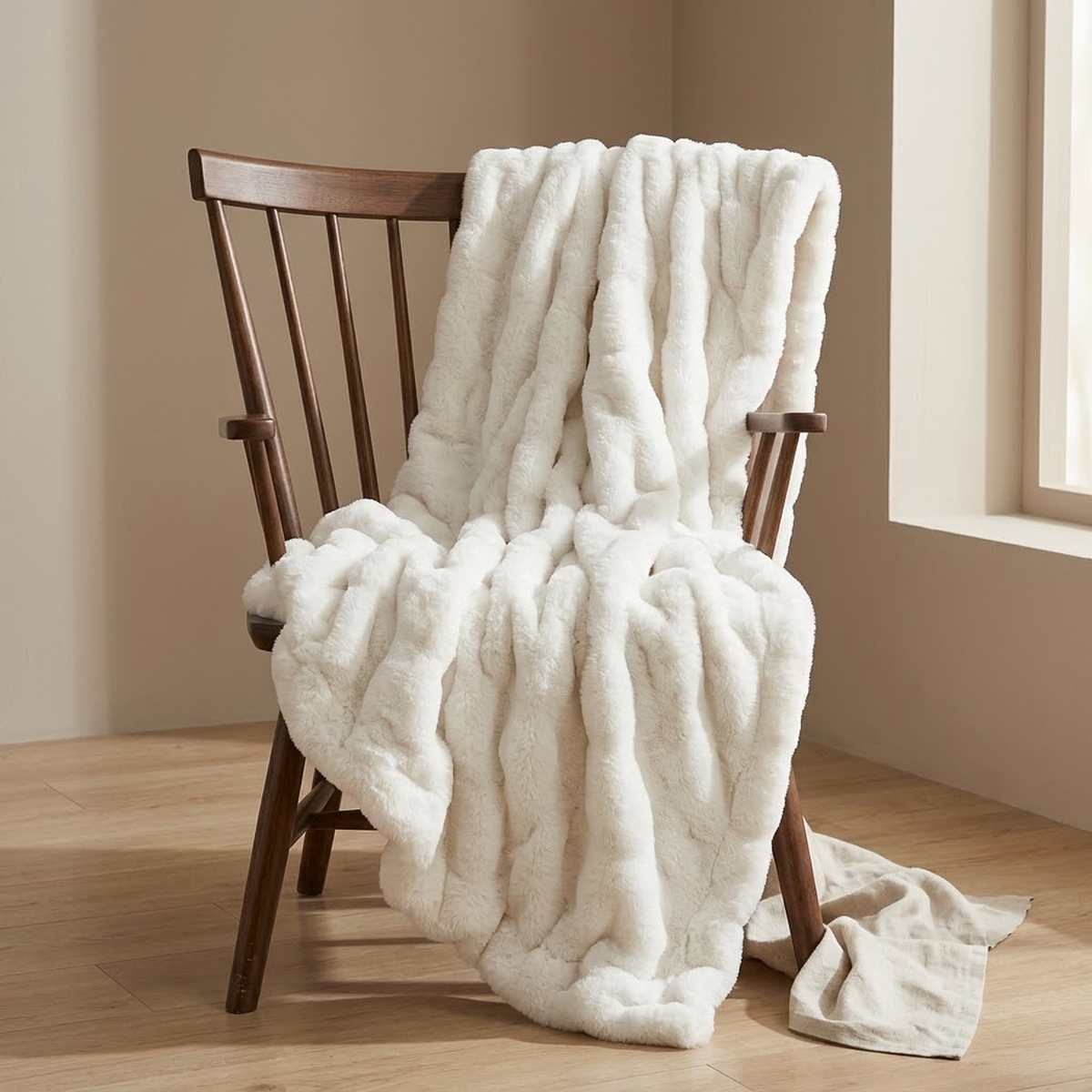 The ivory throw over the back of a dark walnut spindle chair