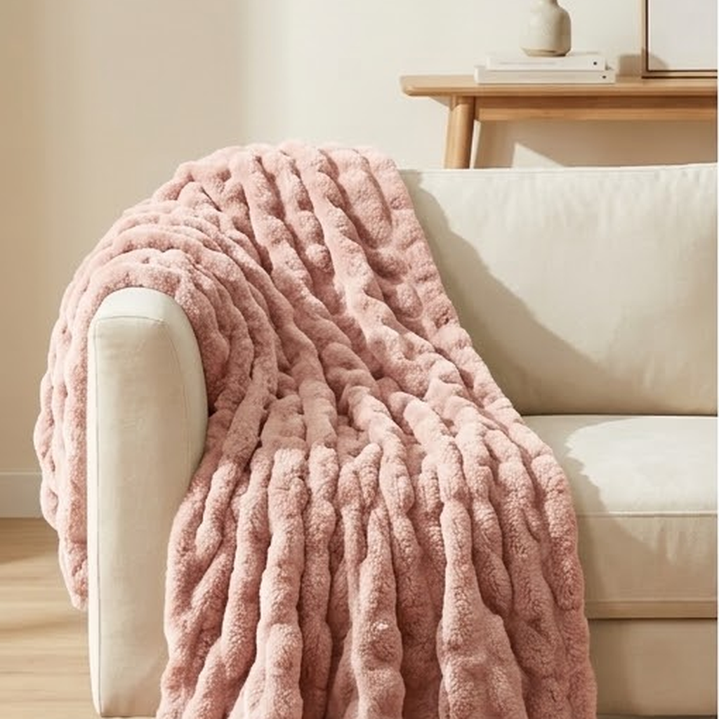 Blush pink ruched faux fur throw draped over the arm of a cream sofa onto a jute rug