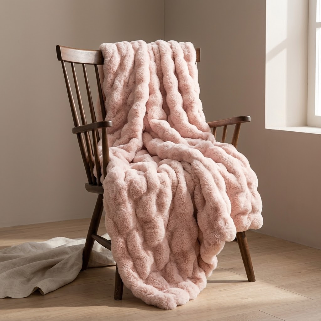The pink throw over a dark walnut chair, showing the ruched pile in raking light