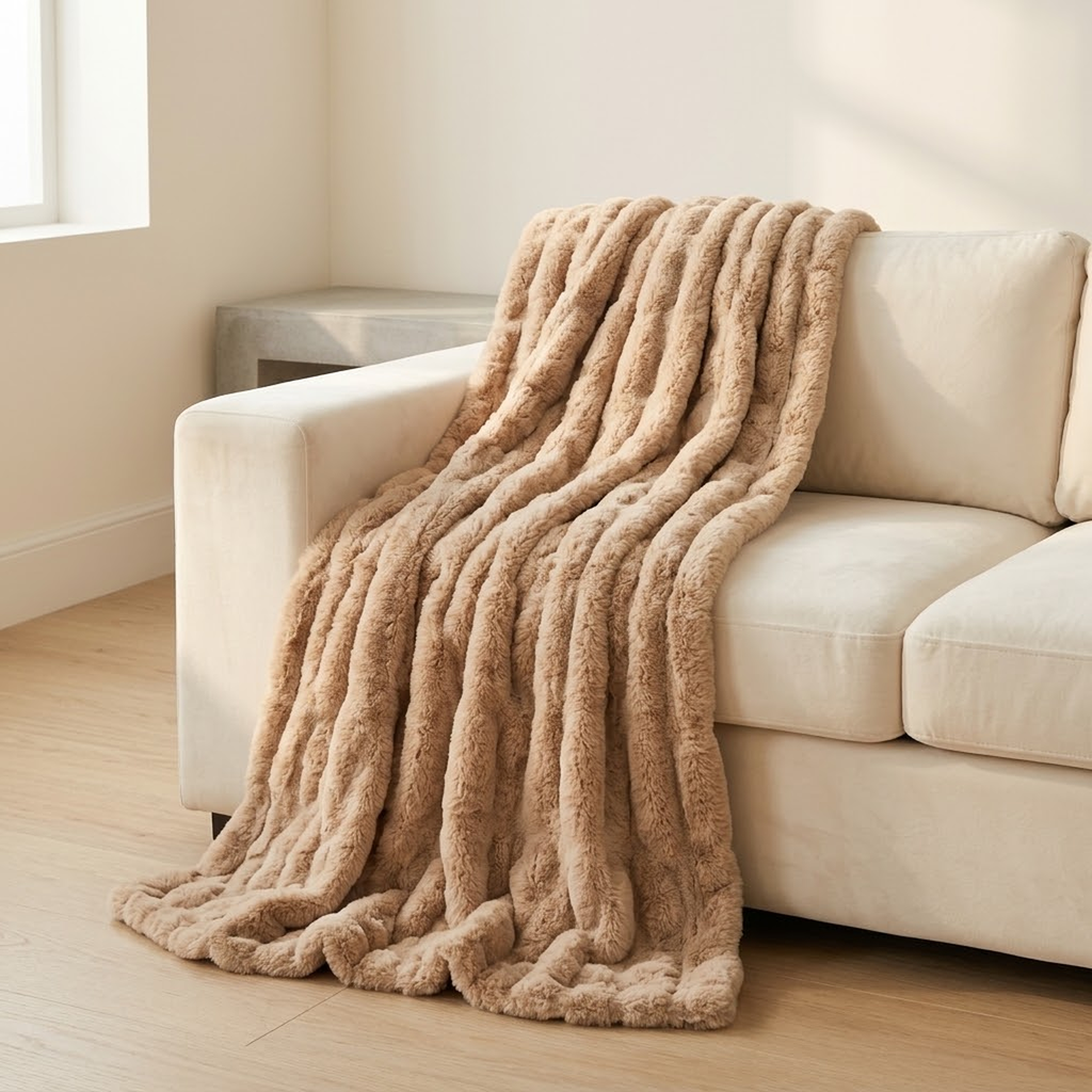 Warm tan ruched faux fur throw draped over the arm of a cream sofa