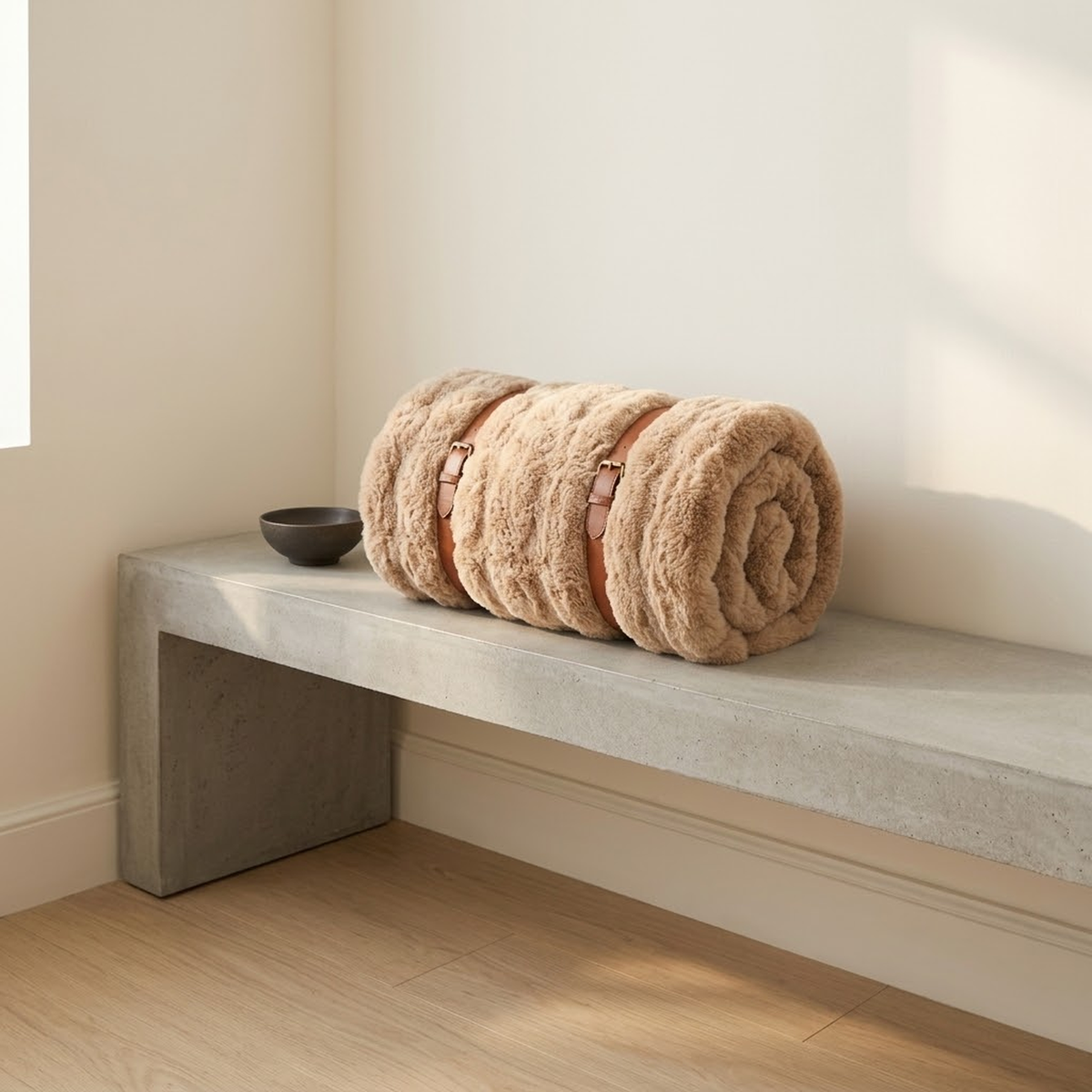 The tan throw rolled and buckled with leather straps, resting on a concrete bench