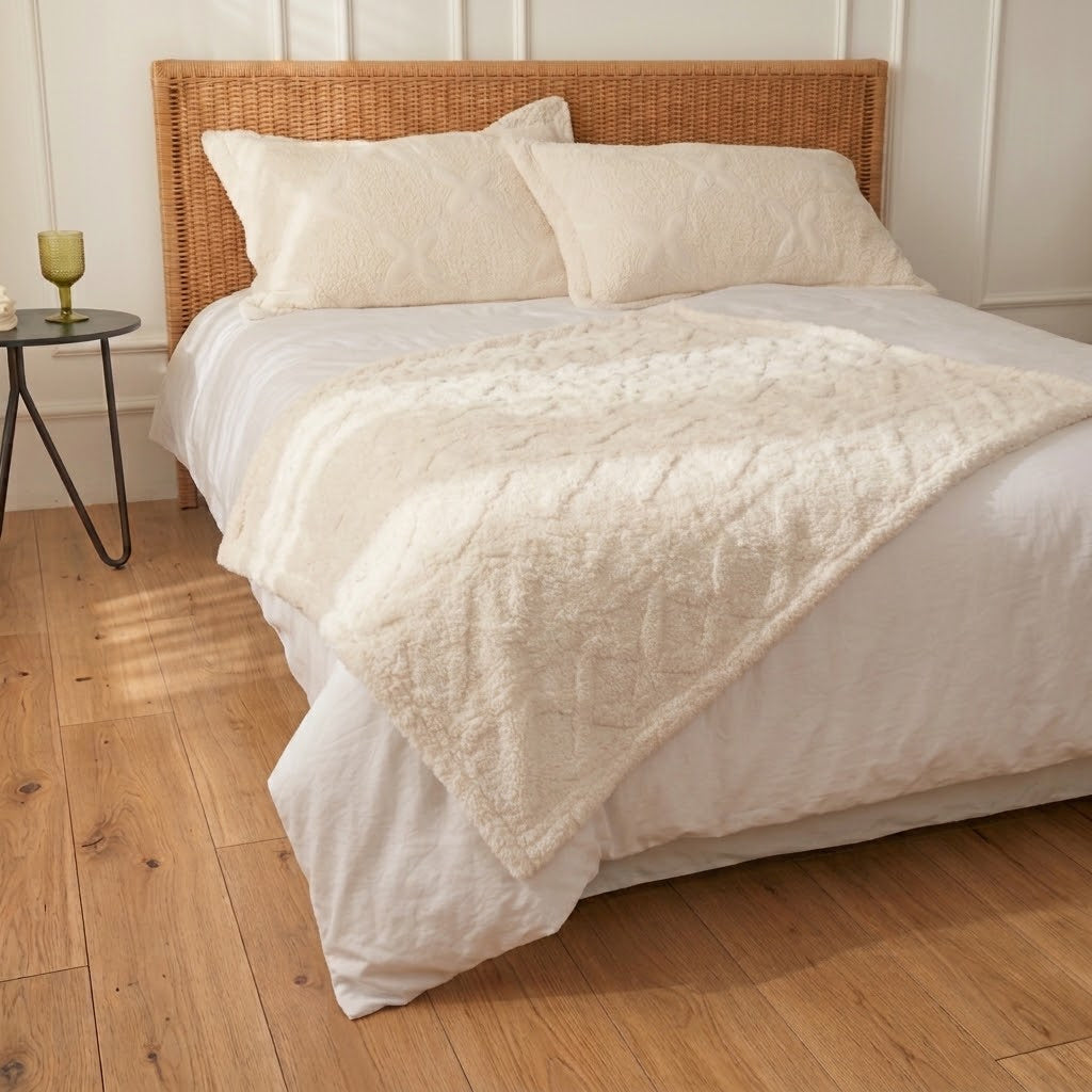 Cream cable faux fur lap throw folded across the foot of a bed with a wicker headboard