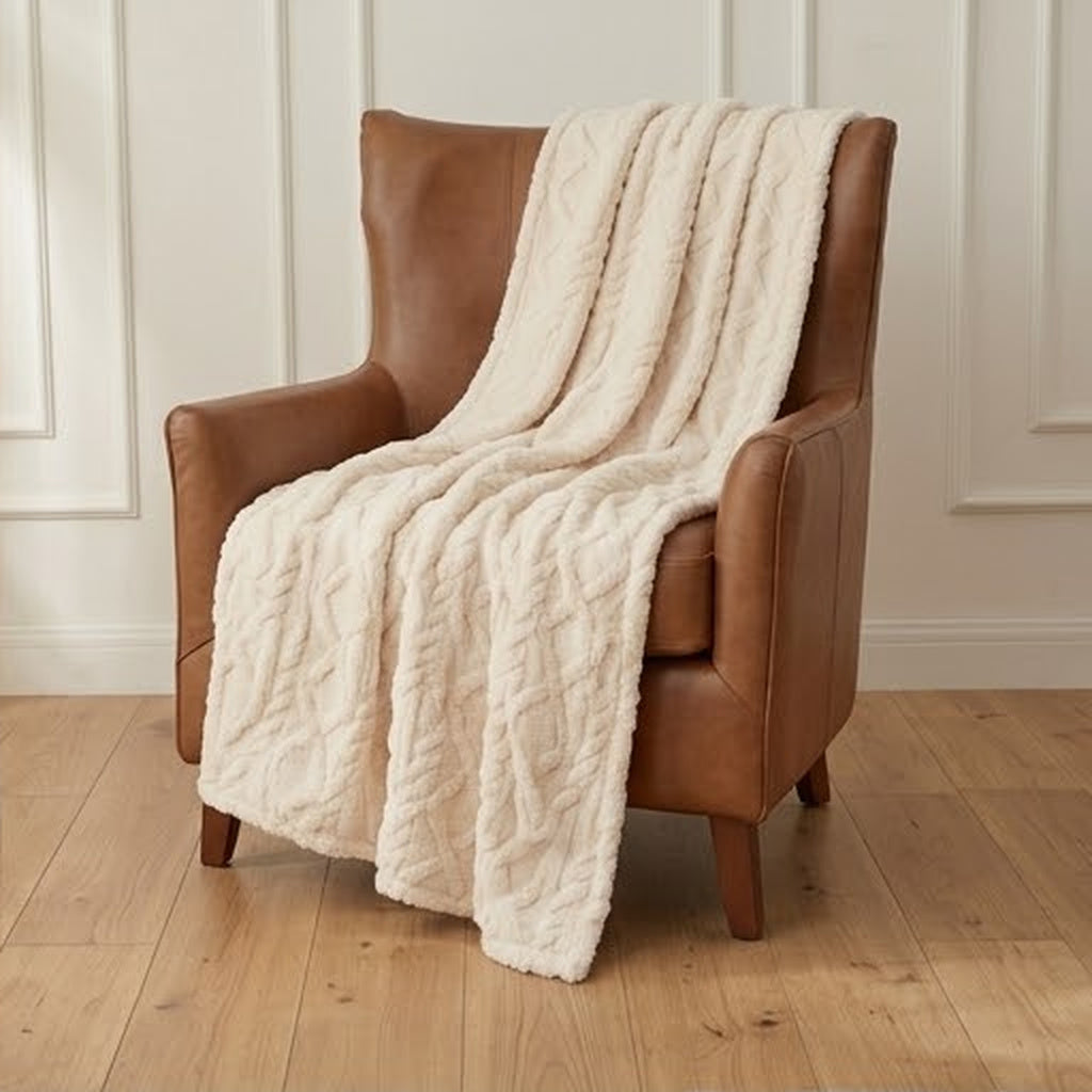 Cream cable faux fur lap throw over a tan leather armchair on an oak floor