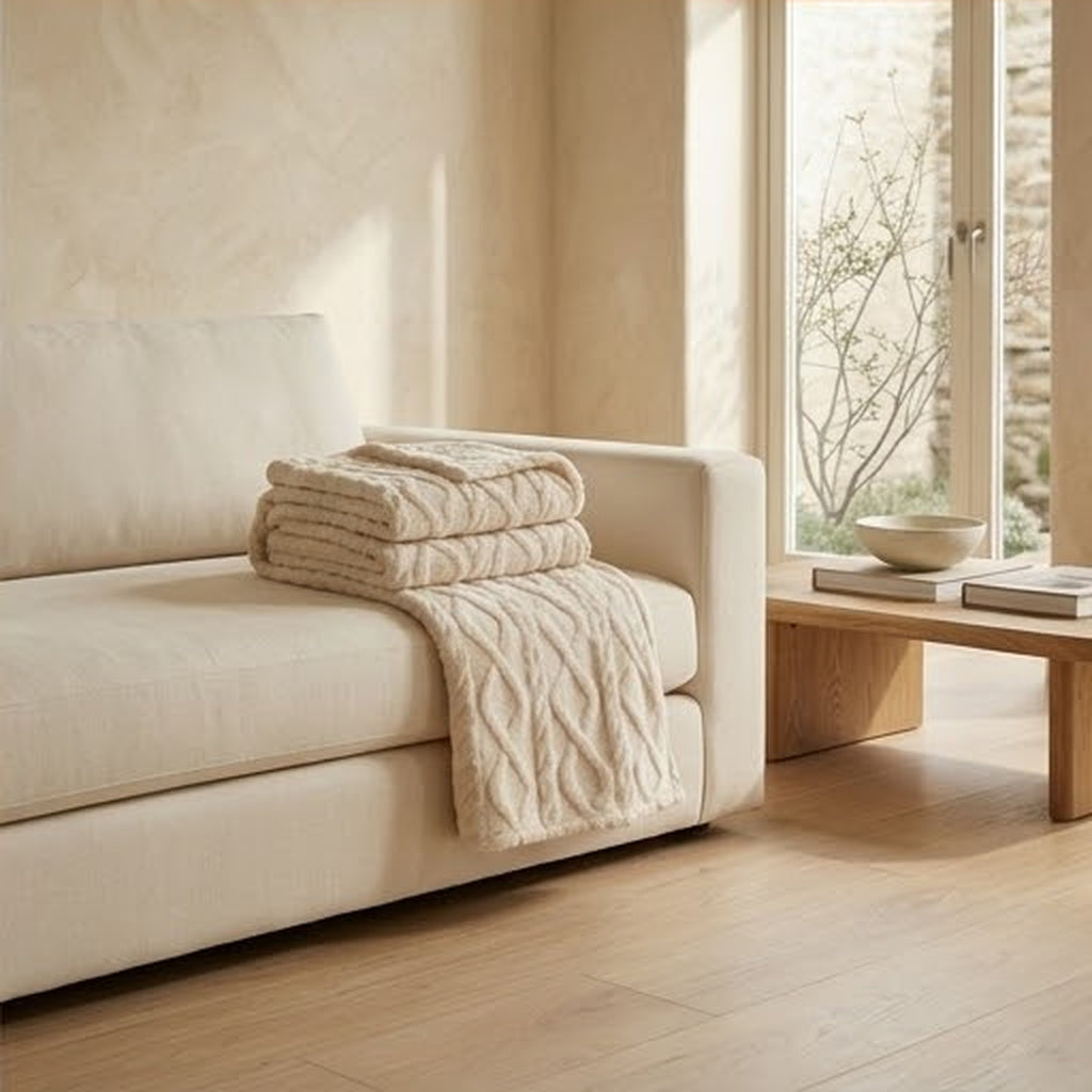 Cream cable faux fur lap throw folded on the end of a cream sofa