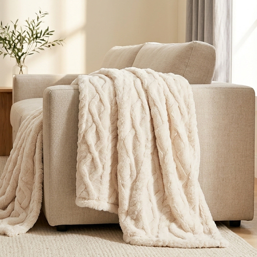 Cream cable faux fur throw in a large size draped over a linen armchair and pooling on the rug