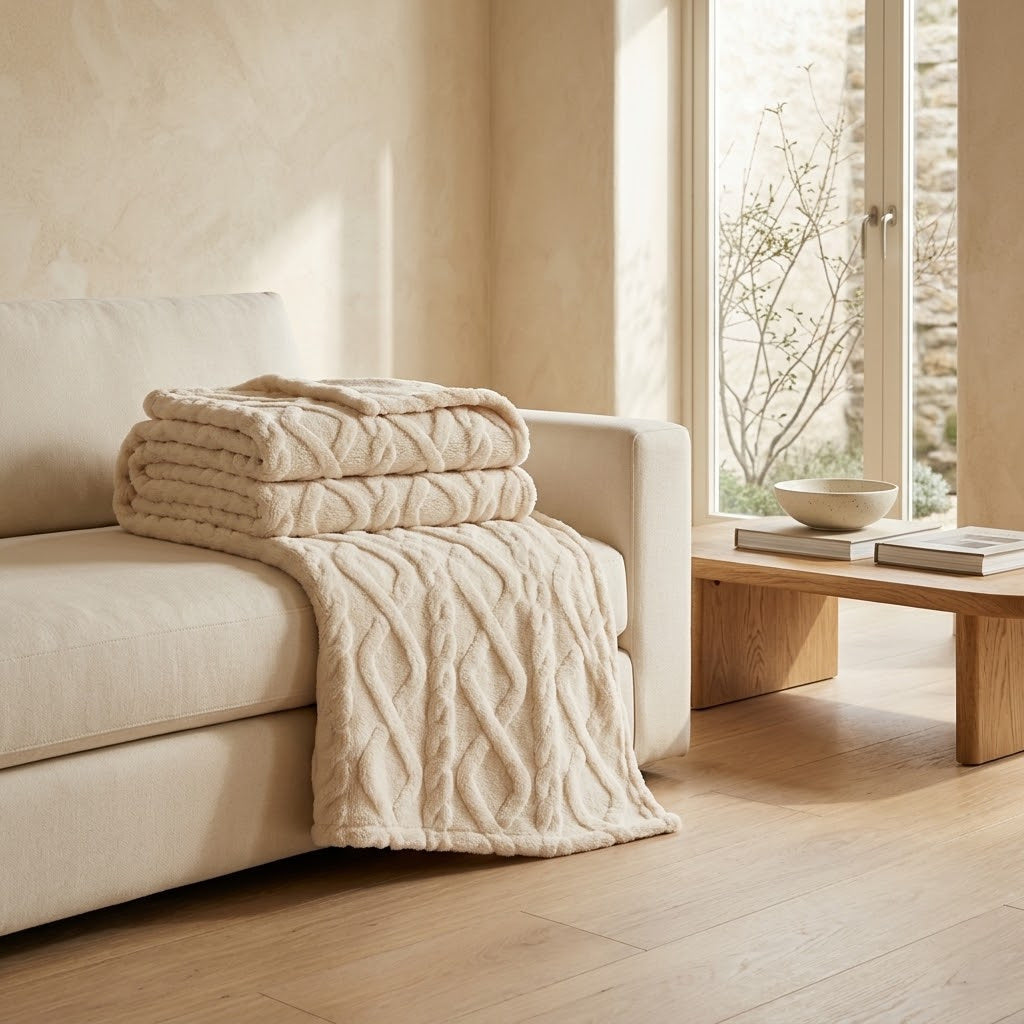 Cream cable faux fur throw in a large size folded and draped across a sofa