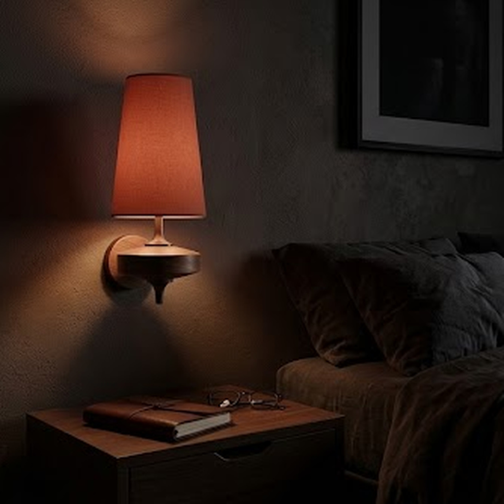 Rust sconce lit at night above a side table in a dark living room