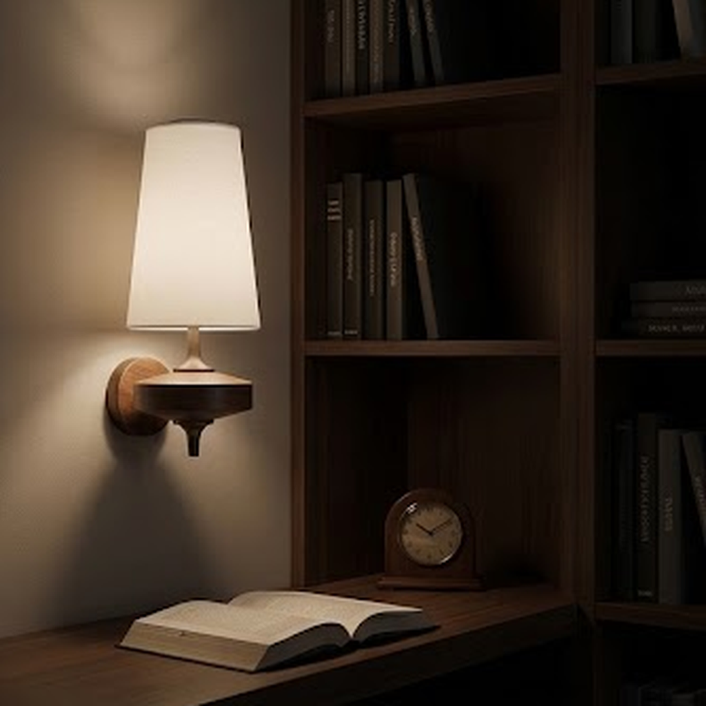 White sconce lit at night beside a walnut bookshelf and a reading chair