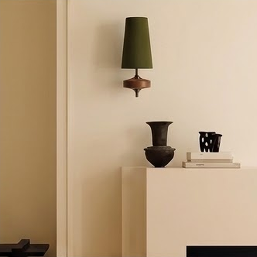 Olive sconce lit beside a plinth with ceramic vases in a warm neutral room
