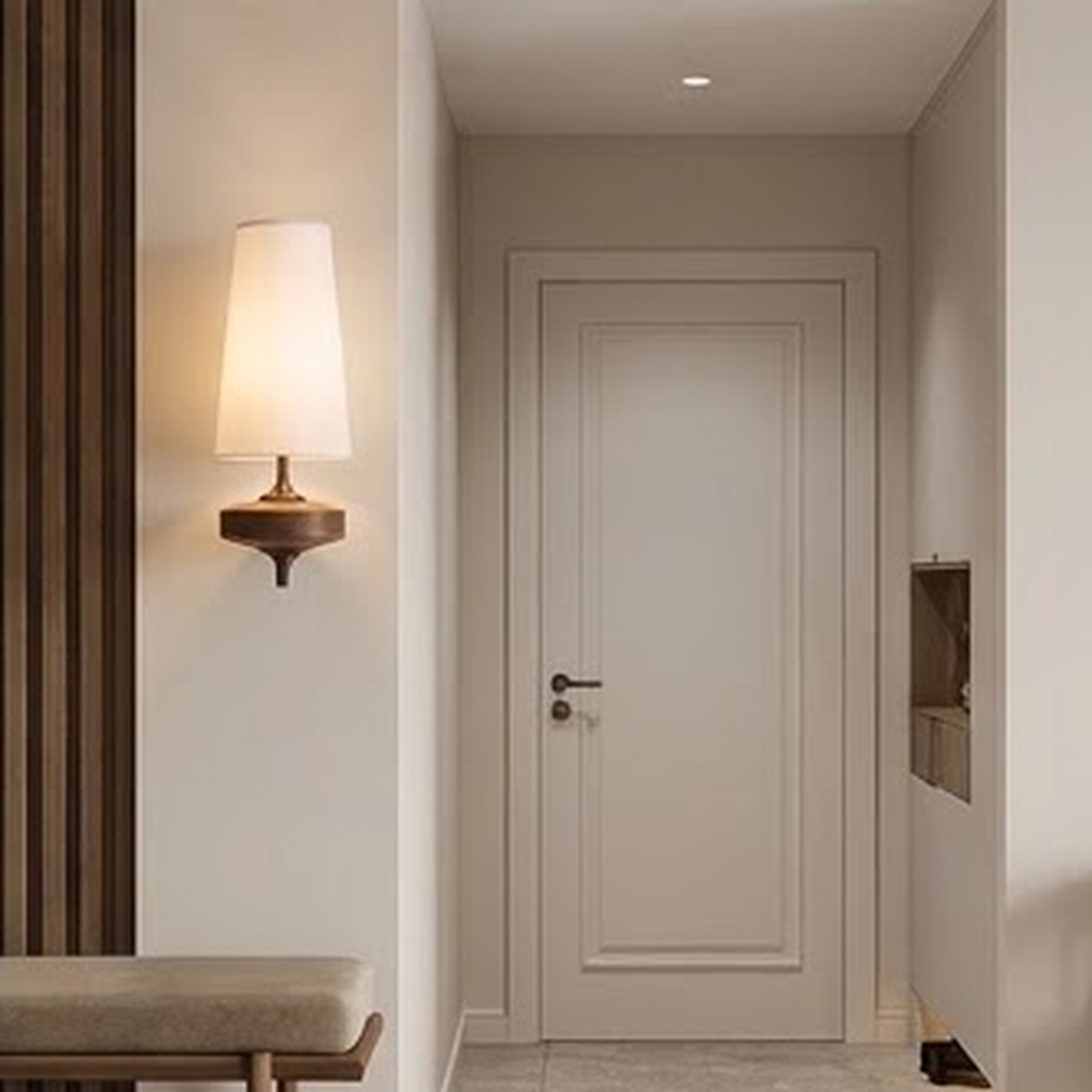 White sconce lighting a hallway beside a panelled door and a bench