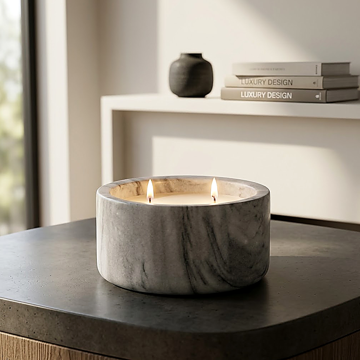 Grey marble finish ceramic candle vessel, 13 cm across, on a dark side table. Shown filled with poured wax; the vessel ships empty