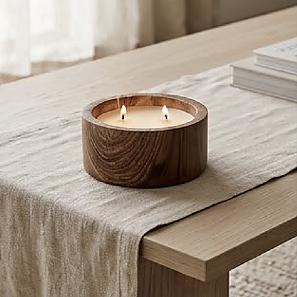 The walnut finish on a linen table runner, the grain running round the body. Shown poured; ships empty
