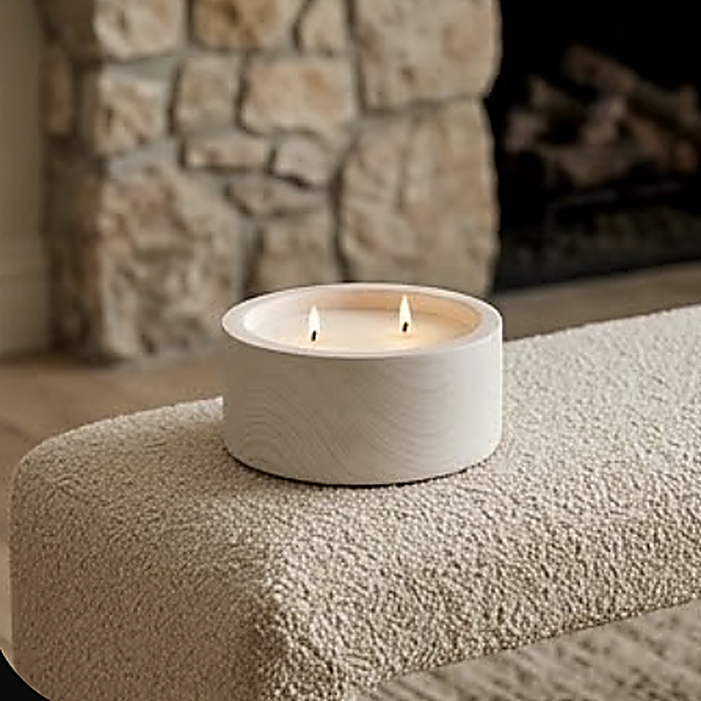 The cream finish on a boucle bench in front of a stone fireplace. Sold as an empty vessel