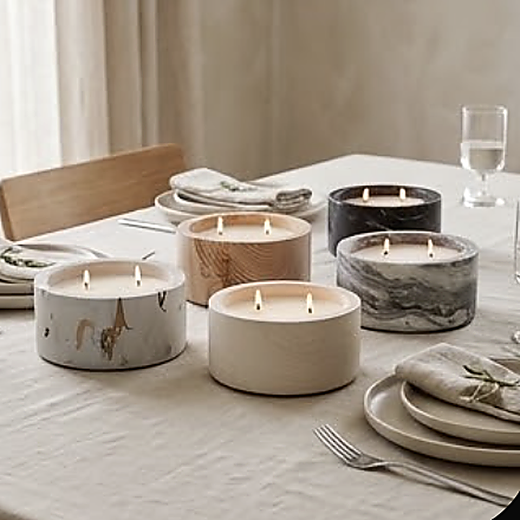 Five finishes together on a dining table. Each is sold singly and empty, without wax or wicks