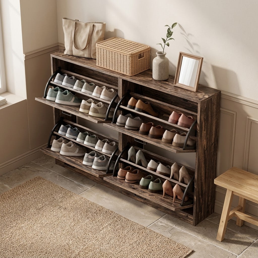 Rustic brown woven shoe cabinet with all four flip drawers open holding sneakers and heels in a hallway