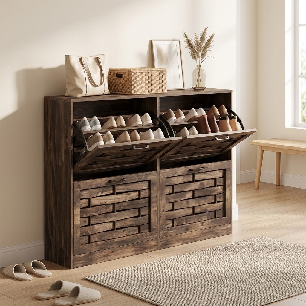 Woven shoe cabinet with the top two drawers open in a bright entryway with a bench