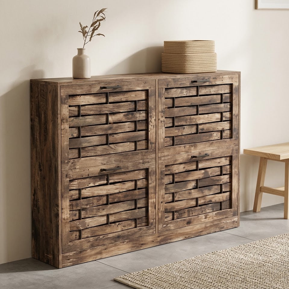 Woven shoe cabinet closed, showing the handwoven front panels and reclaimed wood finish