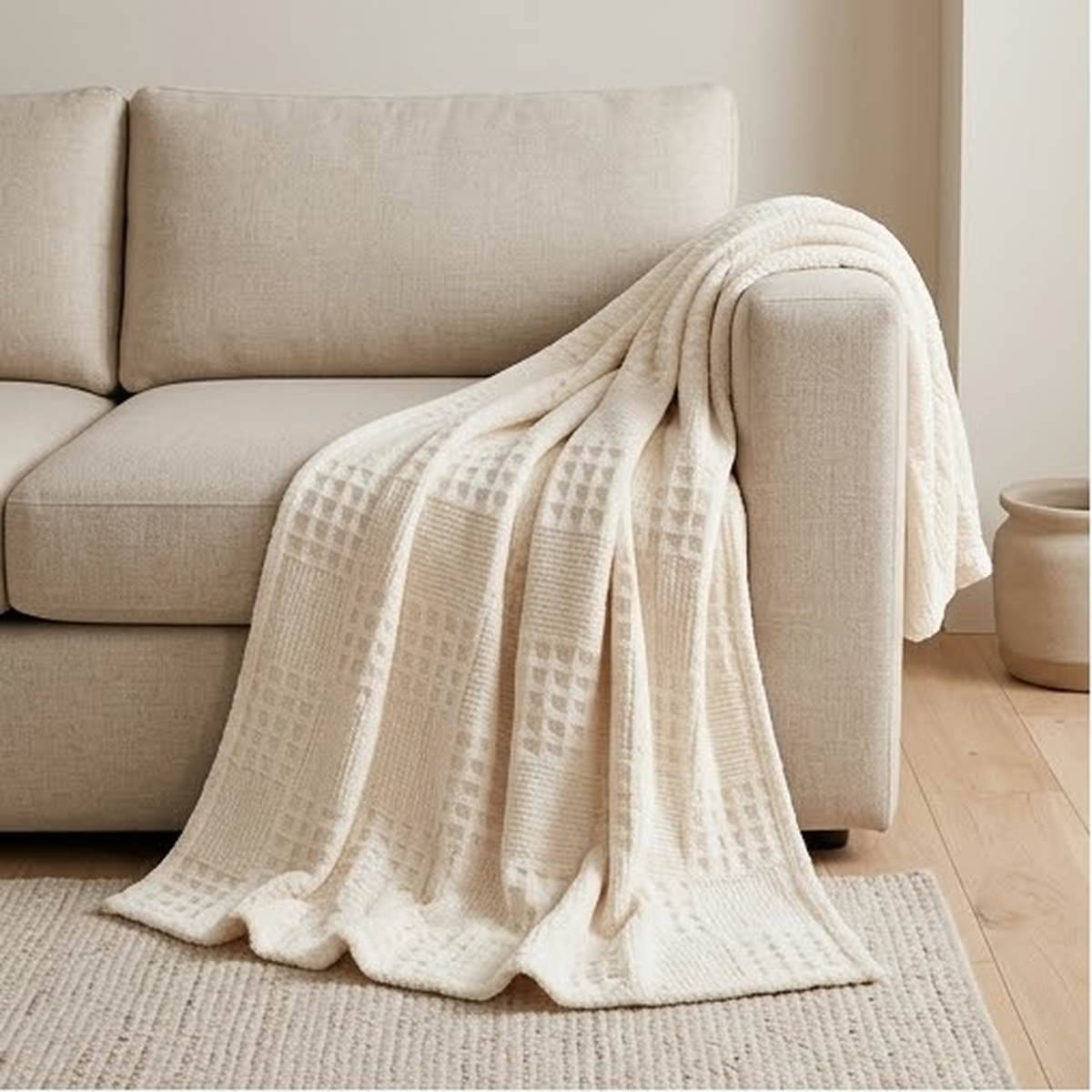 Cream waffle textured throw draped over the arm of a pale linen sofa