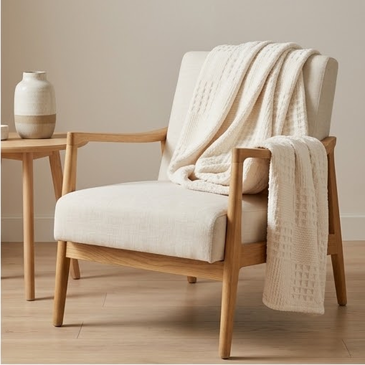 The throw over the back of an oak framed armchair beside a side table
