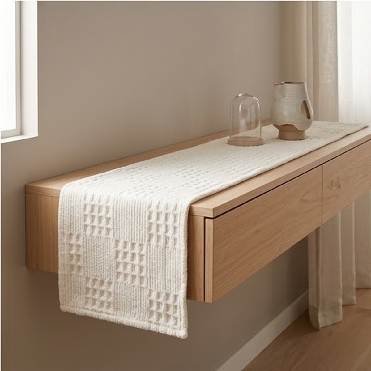 Close view of the raised waffle grid texture running over an oak console