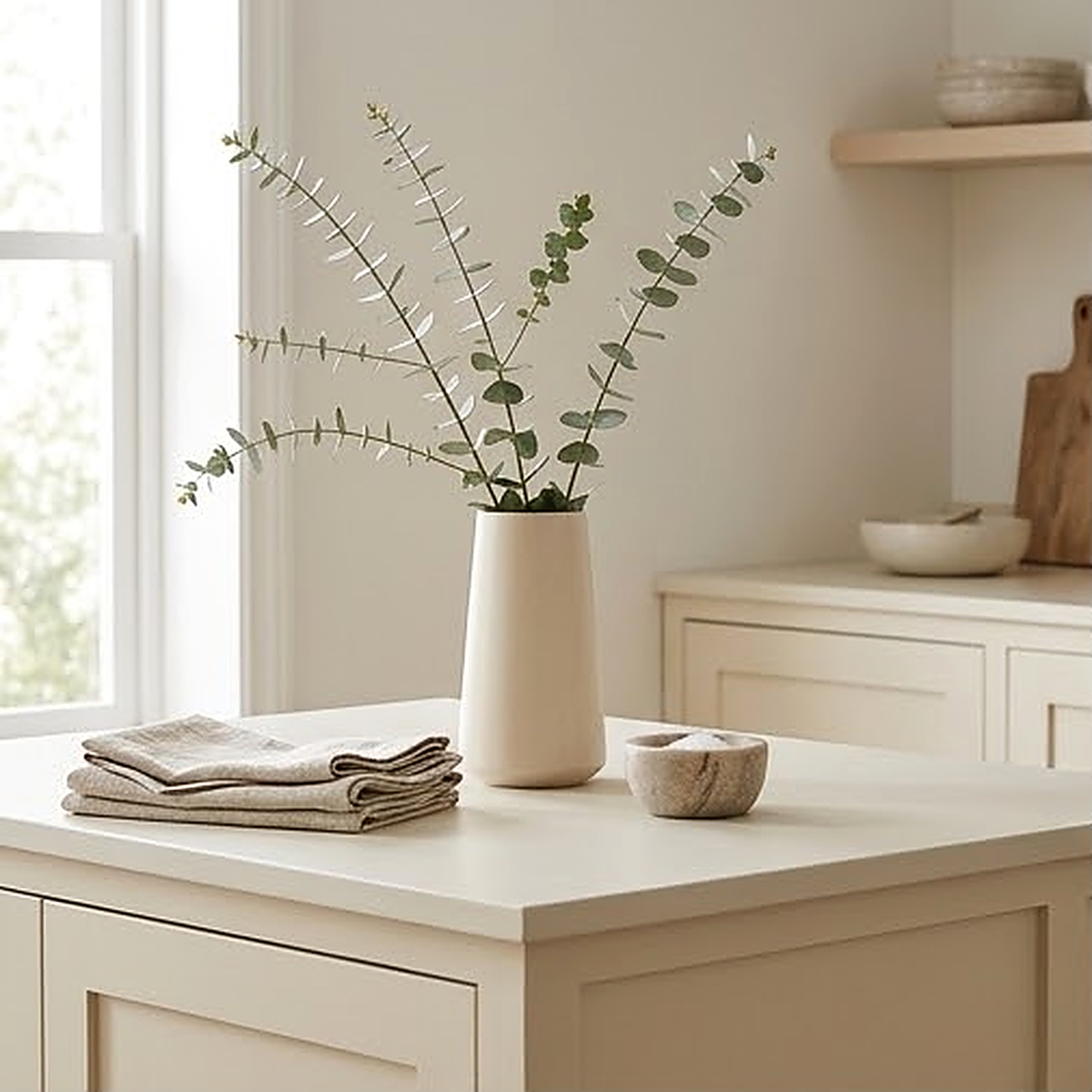 Off white ceramic vase holding eucalyptus stems on a pale kitchen island beside folded linen napkins