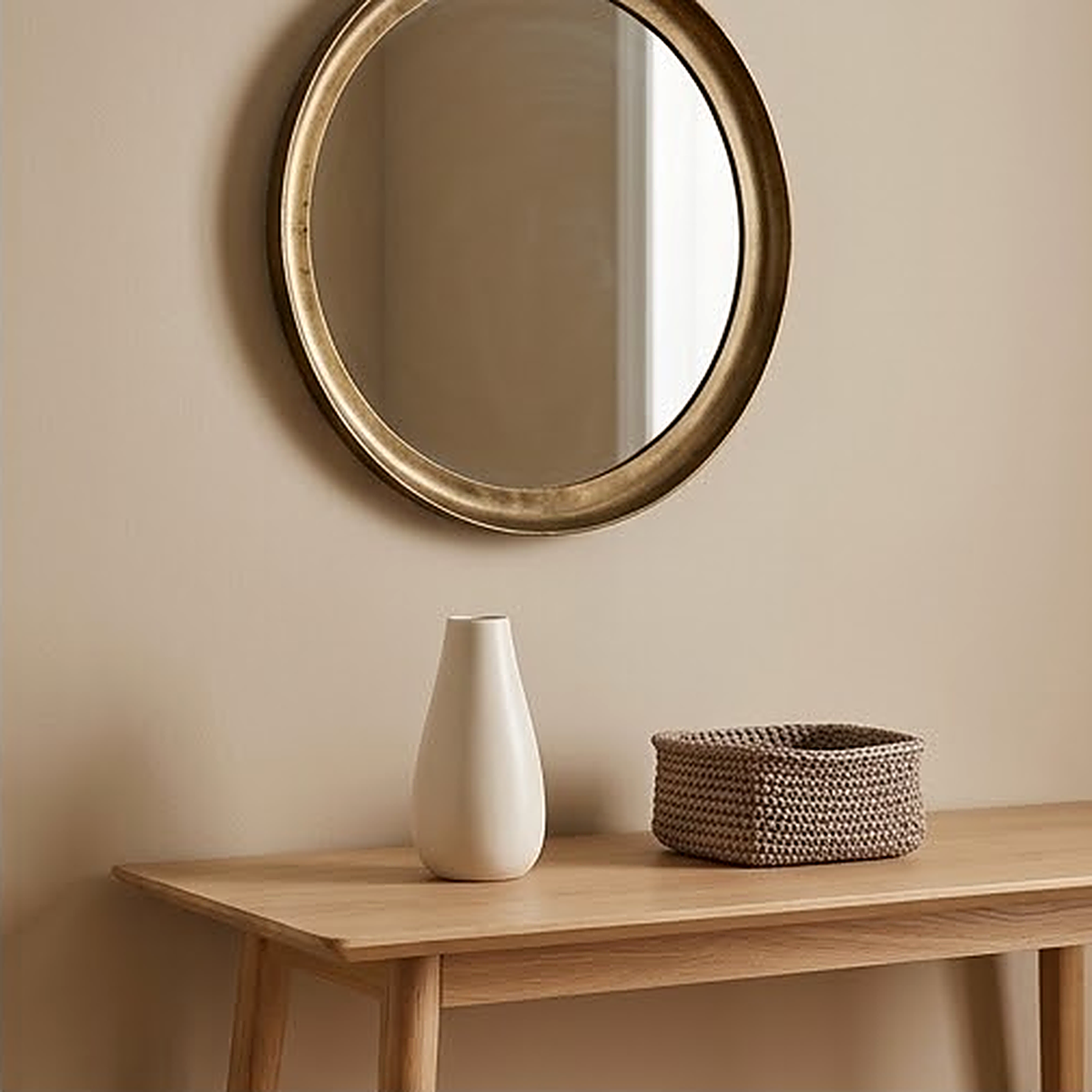 Off white ceramic vase on an oak console table beneath a round brass mirror, next to a woven basket