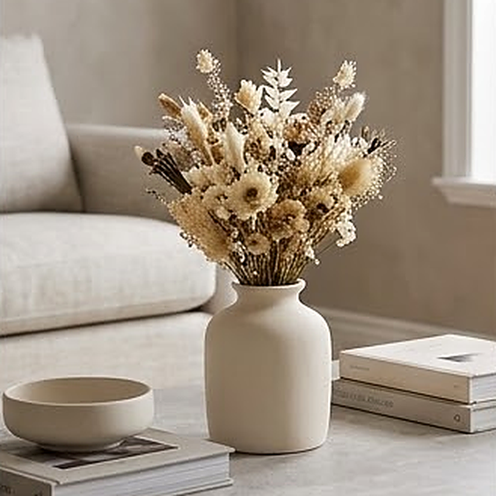 Off white ceramic vase holding dried flowers on a stone coffee table beside stacked books