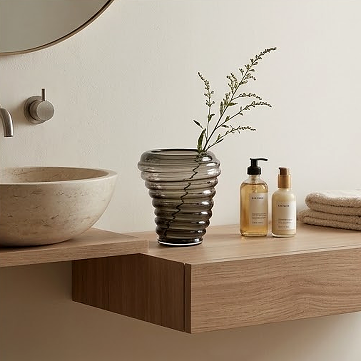 The grey glass vase with a single green stem on a floating oak bathroom shelf beside a stone basin