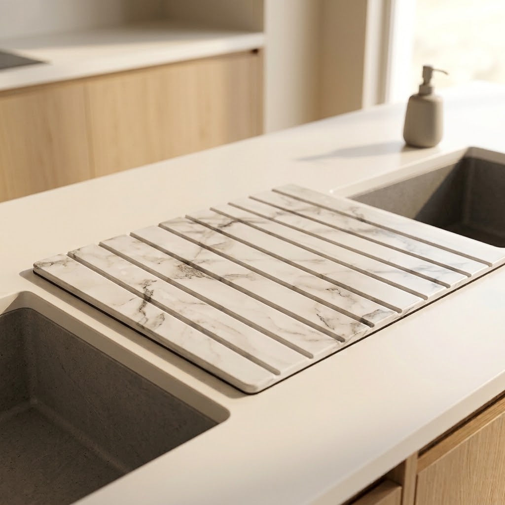 Calacatta White stone dish drying mat beside a kitchen sink