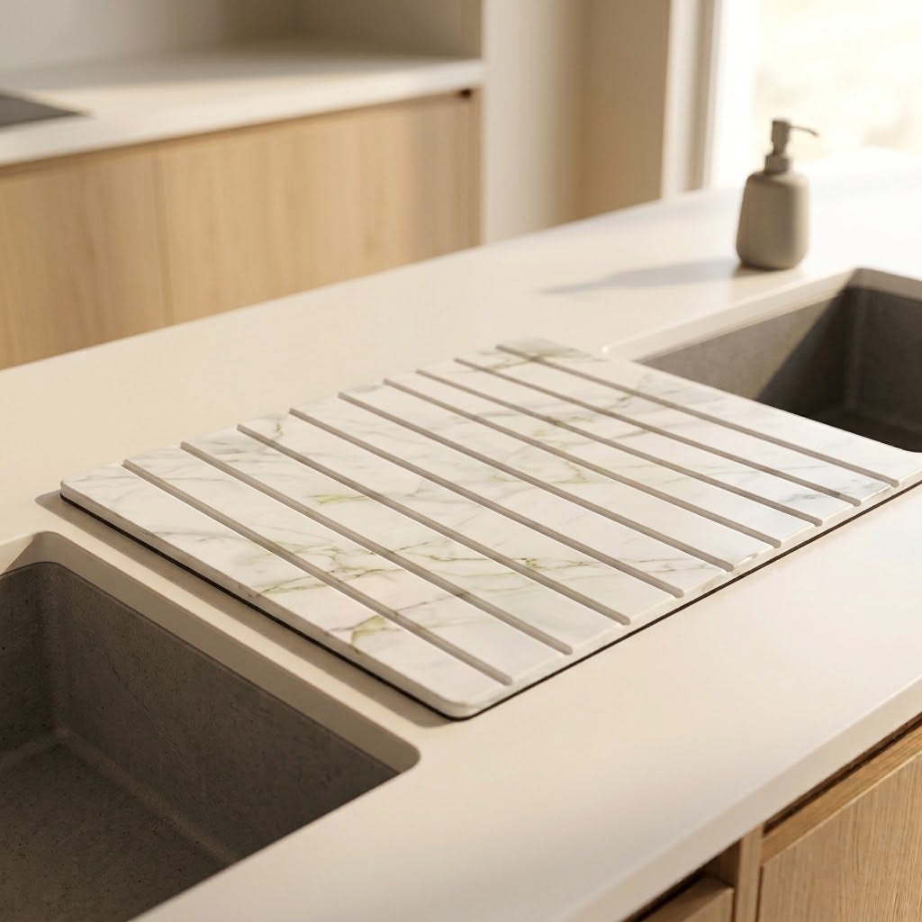Charcoal stone dish drying mat beside a kitchen sink