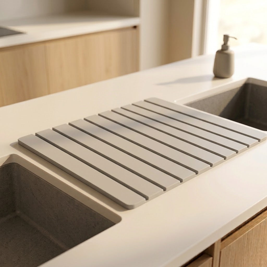 Carrara White stone dish drying mat beside a kitchen sink
