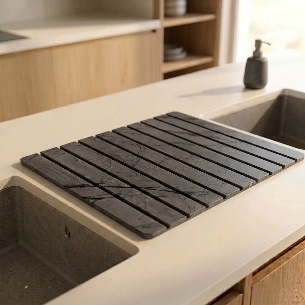 Alabaster stone dish drying mat beside a kitchen sink