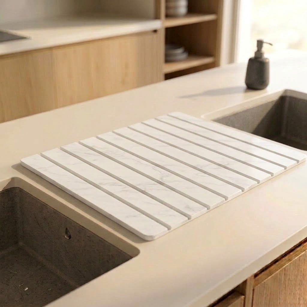 Greige stone dish drying mat beside a kitchen sink