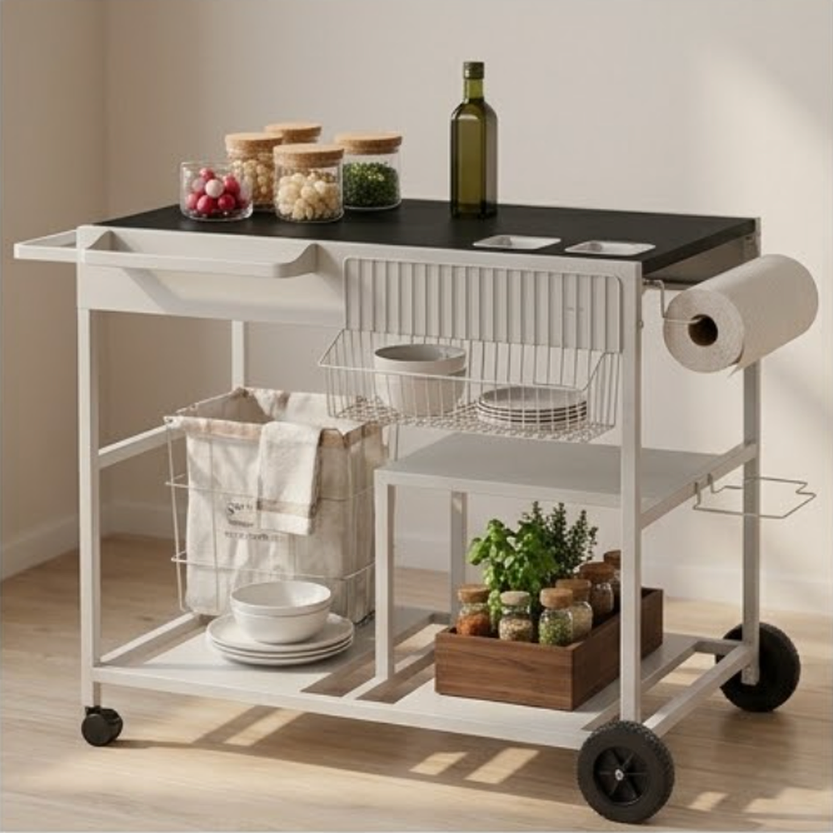 White rolling kitchen cart with a black work surface, wire baskets and a paper towel holder in a pale kitchen