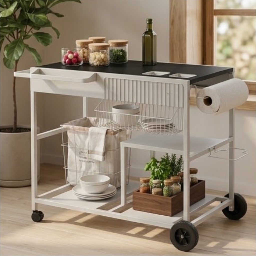 The cart in use as a prep station with herbs, a spice box, bowls and a towel bag hanging from the frame